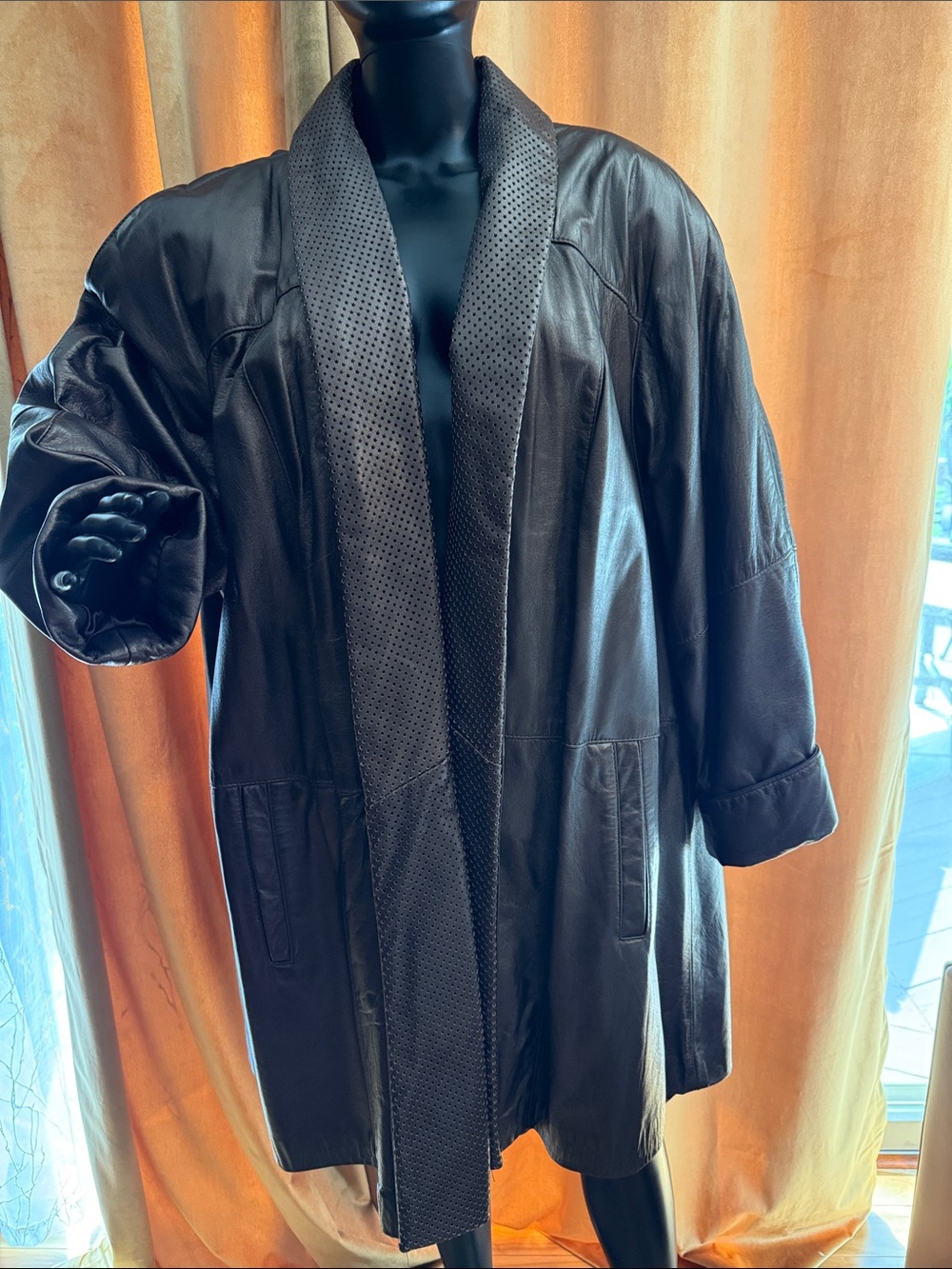 Marvin Richards Brown Perforated Shawl-Collar Leather Coat